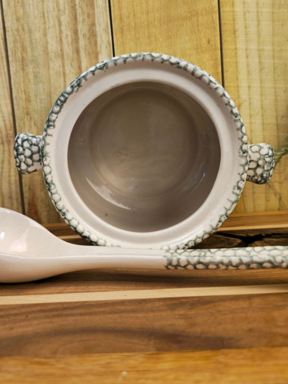 Vintage Corelle Stoneware Green Heart Covered Soup Tureen Been Pot with Ladle - Picture 10 of 11